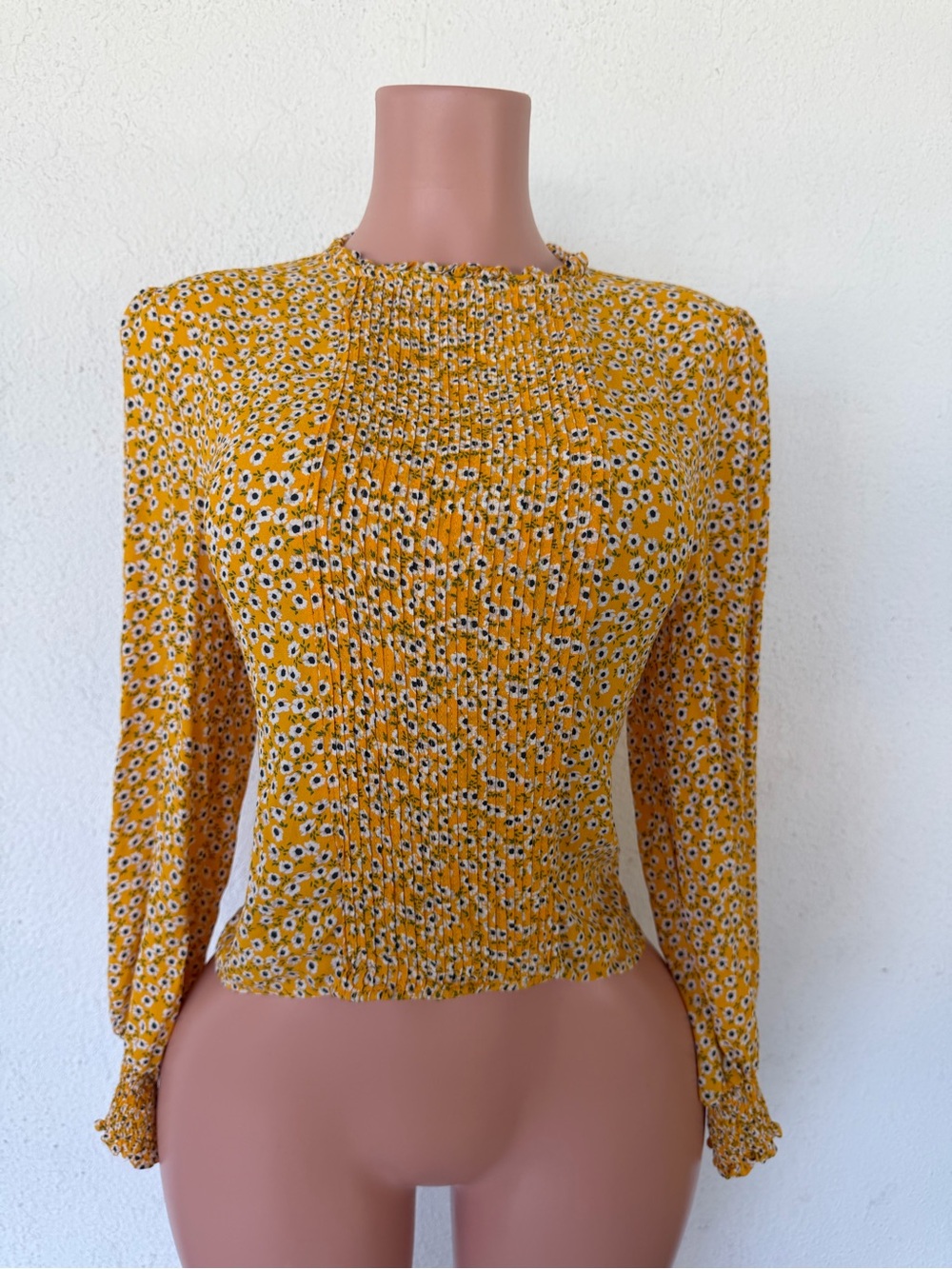 Zara Mustard Floral Smocked Long Sleeve Top